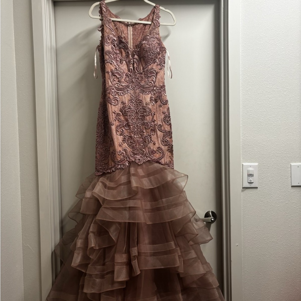 Elegant Pink Lace Gown with Ruffled Skirt